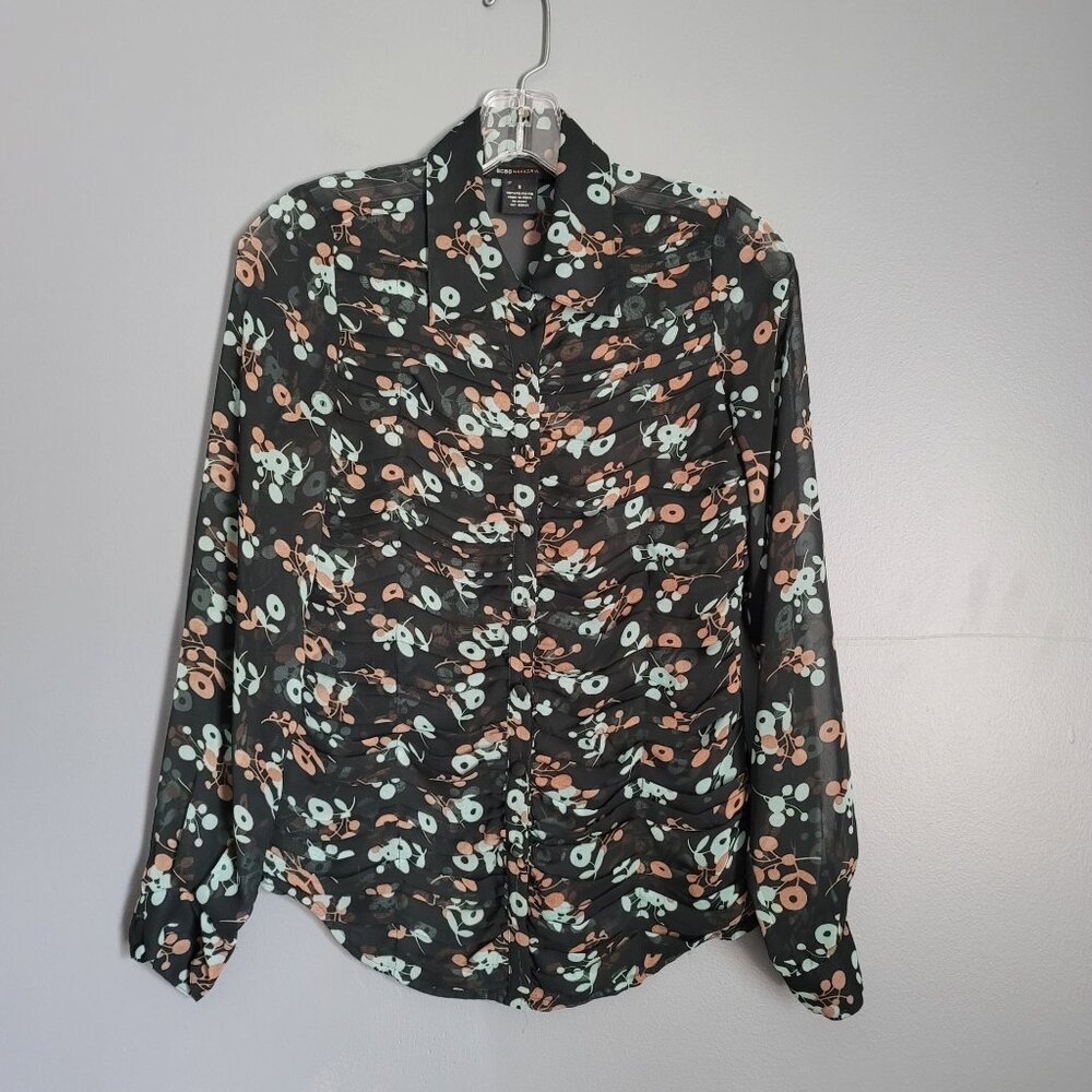 BCBG Maxazria Multicolor Floral-Print Long-Sleeve Sheer Blouse. Size S
